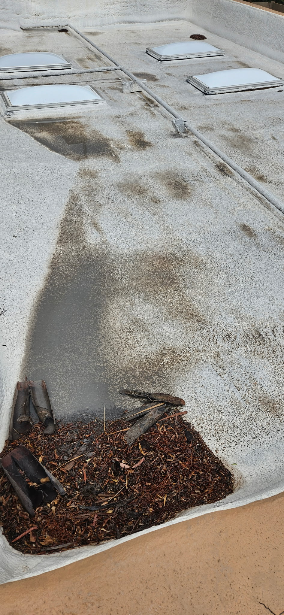 Worn white foam flat roof with ponding water and debris — clear signs the roof needs a recoat in Phoenix.