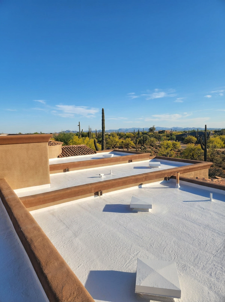 White foam roof on a sunny Arizona day with desert and saguaros